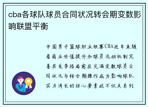 cba各球队球员合同状况转会期变数影响联盟平衡